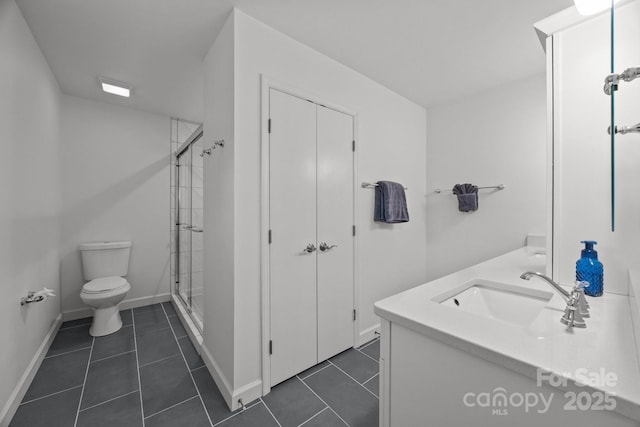 4106 Castlewood Rd, Charlotte, NC 28209 - bathroom featuring toilet, vanity, a shower stall, and tile patterned floors