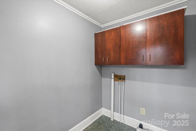 24515 Saint Martin Rd, Albemarle, NC 28001 - laundry room featuring cabinet space, baseboards, washer hookup, and crown molding