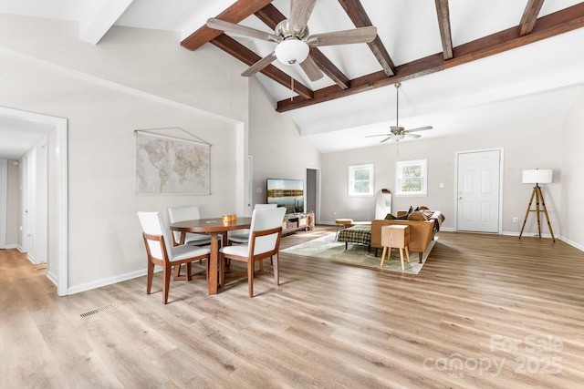 3716 Hamilton Dr, Gastonia, NC 28052 - dining room with a ceiling fan, beam ceiling, light wood-type flooring, baseboards, and high vaulted ceiling
