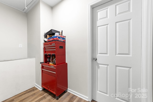 3716 Hamilton Dr, Gastonia, NC 28052 - corridor with wood finished floors, attic access, and baseboards