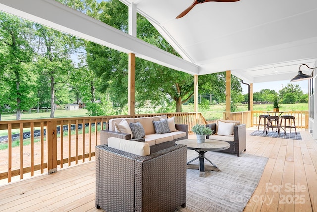 104 Arbor Dr, Waxhaw, NC 28173 - wooden terrace featuring an outdoor hangout area, ceiling fan, view of scattered trees, and outdoor dining space