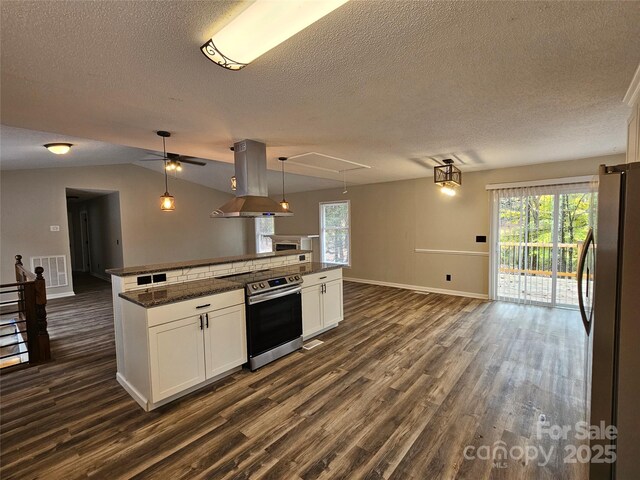 7154 Woodcock Trl, Stanley, NC 28164 - kitchen with appliances with stainless steel finishes, island exhaust hood, a textured ceiling, baseboards, and dark wood-type flooring