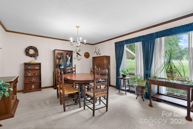 dining area with crown molding, a chandelier, light colored carpet, and baseboards