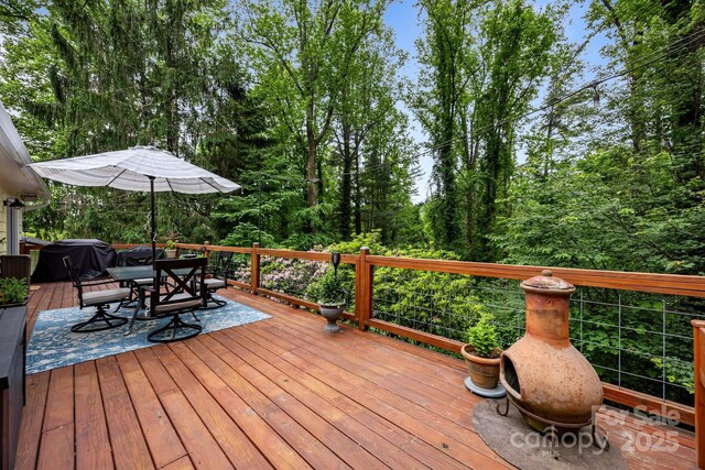 931 Indian Hill Rd, Hendersonville, NC 28791 - wooden terrace with a grill and outdoor dining space