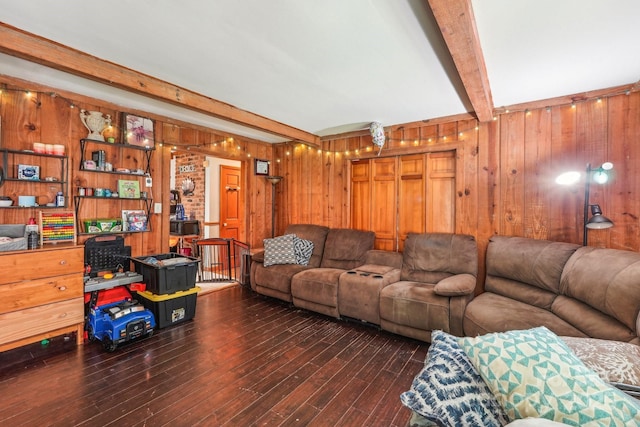 8504 Knollwood Cir, Charlotte, NC 28213 - living area with beamed ceiling, wooden walls, and wood finished floors