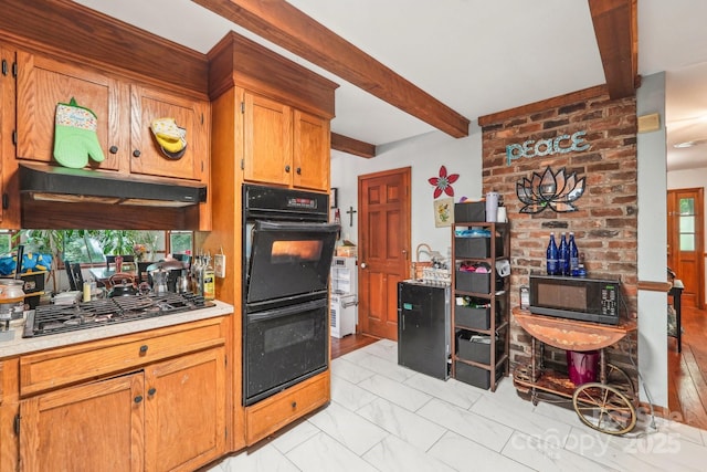 8504 Knollwood Cir, Charlotte, NC 28213 - kitchen with black appliances, light countertops, beam ceiling, light marble finish floors, and brown cabinets