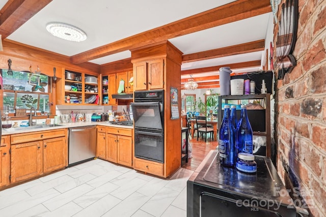 8504 Knollwood Cir, Charlotte, NC 28213 - kitchen featuring stainless steel dishwasher, a sink, light countertops, beamed ceiling, and a chandelier