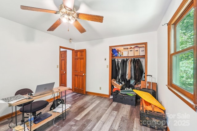 8504 Knollwood Cir, Charlotte, NC 28213 - office area featuring a ceiling fan, wood finished floors, and baseboards