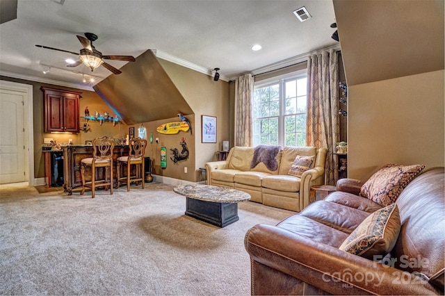 5826 Natoma Rd, Lake Wylie, SC 29710 - living area with a ceiling fan, a bar, light colored carpet, ornamental molding, and vaulted ceiling
