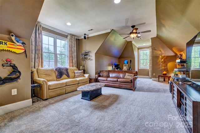 5826 Natoma Rd, Lake Wylie, SC 29710 - carpeted living room featuring plenty of natural light, ceiling fan, recessed lighting, and lofted ceiling