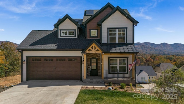 203 Boleyn Dr, Black Mountain, NC 28711 - craftsman inspired home featuring covered porch, driveway, an attached garage, a mountain view, and stone siding