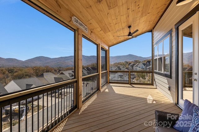 203 Boleyn Dr, Black Mountain, NC 28711 - wooden deck with a mountain view, a ceiling fan, and a residential view