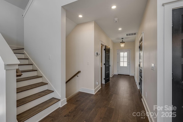 203 Boleyn Dr, Black Mountain, NC 28711 - entryway featuring recessed lighting, dark wood-style flooring, baseboards, and stairway