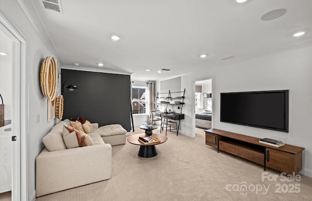living area with carpet floors, recessed lighting, baseboards, and ornamental molding