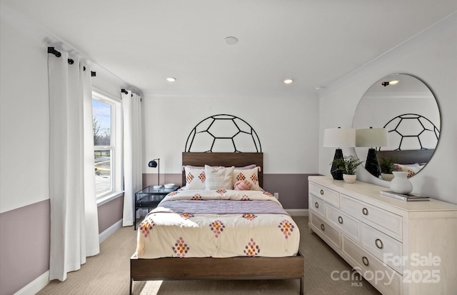 bedroom with carpet flooring, baseboards, and recessed lighting