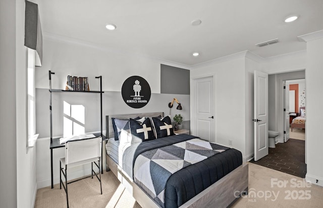 carpeted bedroom featuring ornamental molding, recessed lighting, and baseboards