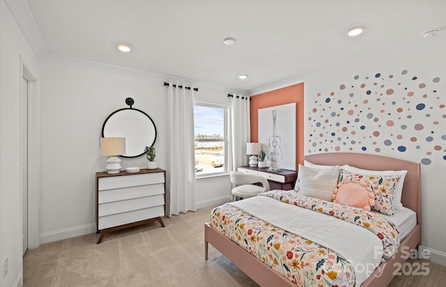 carpeted bedroom featuring baseboards and recessed lighting