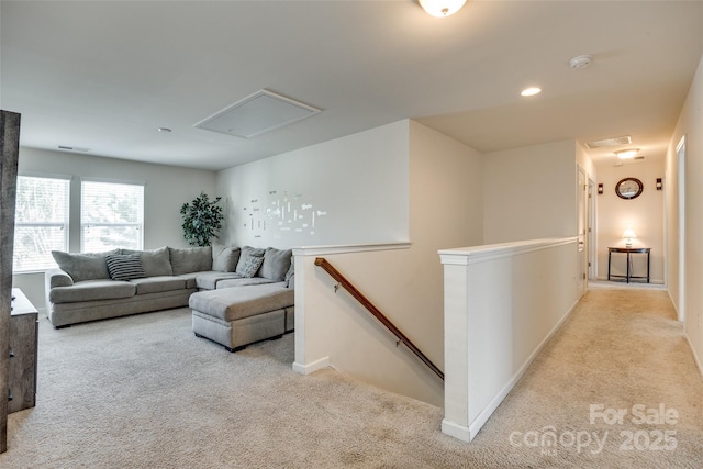 1553 Arcadia Bluff Dr, York, SC 29745 - hall with attic access, light carpet, an upstairs landing, baseboards, and recessed lighting