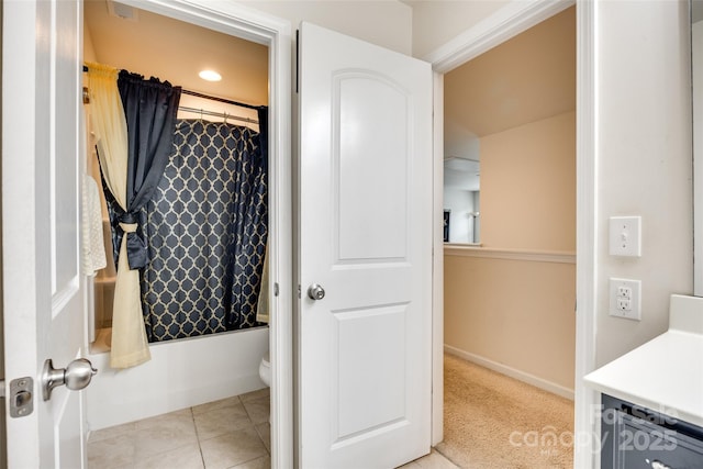 1553 Arcadia Bluff Dr, York, SC 29745 - bathroom featuring vanity, shower / bath combo with shower curtain, tile patterned floors, and toilet