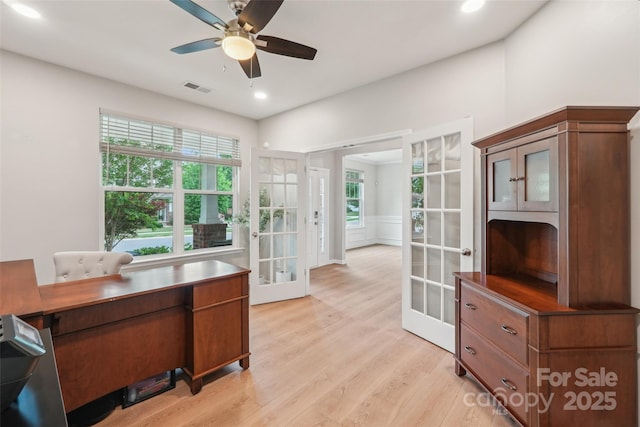 5812 Dinsmore Ln, Belmont, NC 28012 - office with french doors, light wood-style floors, a ceiling fan, and recessed lighting