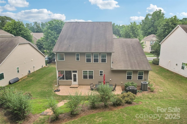 5812 Dinsmore Ln, Belmont, NC 28012 - rear view of house with central air condition unit, a patio, a yard, and a shingled roof