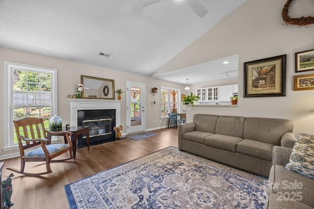296 Planters Creek Rd, Fletcher, NC 28732 - living area featuring a fireplace with flush hearth, wood finished floors, ceiling fan, lofted ceiling, and baseboards