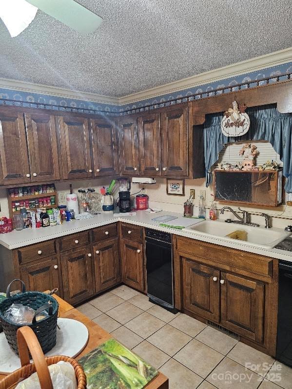 100 Boros Lndg, New Bern, NC 28560 - kitchen featuring a sink, light tile patterned floors, black dishwasher, light countertops, and dark brown cabinetry