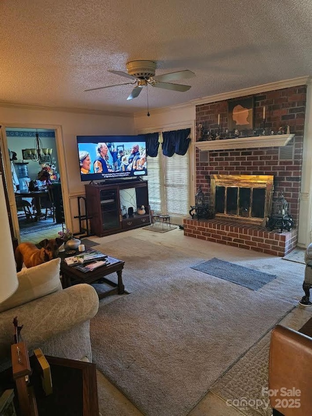 100 Boros Lndg, New Bern, NC 28560 - living area featuring a textured ceiling, ceiling fan, a fireplace, carpet flooring, and crown molding