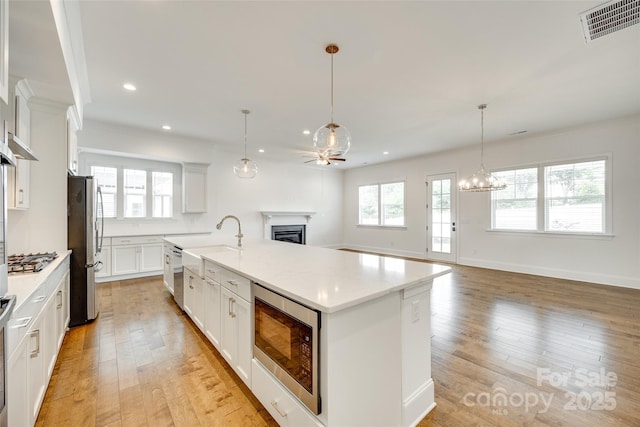 kitchen with appliances with stainless steel finishes, a fireplace, a sink, recessed lighting, and open floor plan