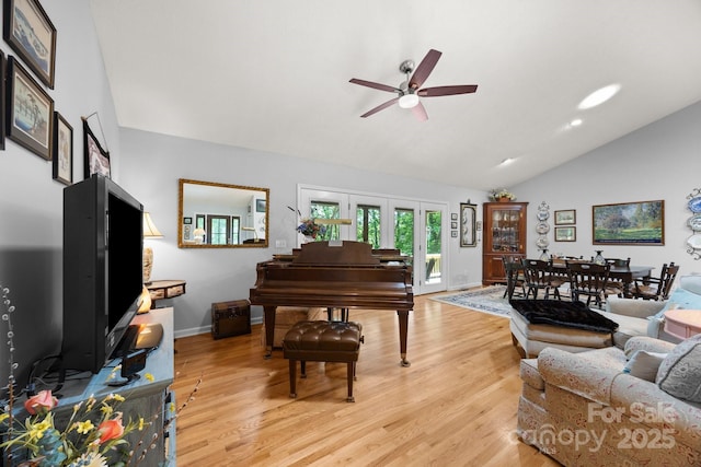 81 Corbin Shady Ln, Waynesville, NC 28785 - living room featuring vaulted ceiling, ceiling fan, light wood-style flooring, baseboards, and recessed lighting