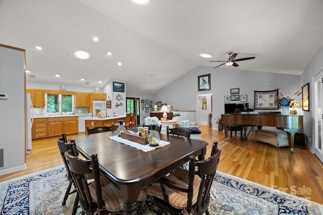 81 Corbin Shady Ln, Waynesville, NC 28785 - dining space featuring light wood finished floors, a ceiling fan, lofted ceiling, recessed lighting, and baseboards
