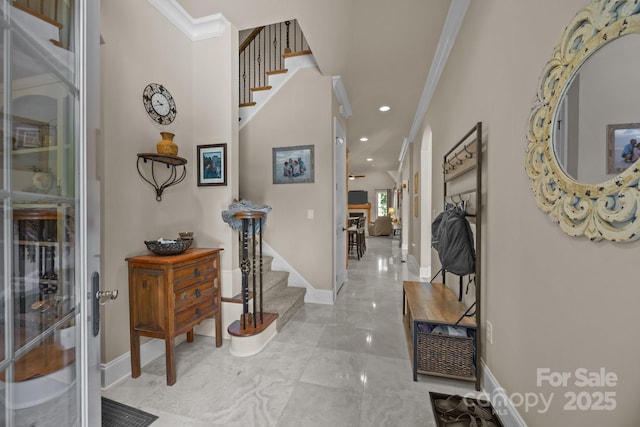 104 Golden Bell Ct, Mooresville, NC 28117 - foyer entrance with stairs, ornamental molding, marble finish flooring, baseboards, and recessed lighting