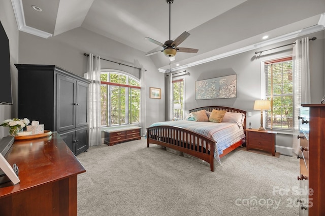 104 Golden Bell Ct, Mooresville, NC 28117 - bedroom featuring vaulted ceiling, light colored carpet, a ceiling fan, ornamental molding, and recessed lighting