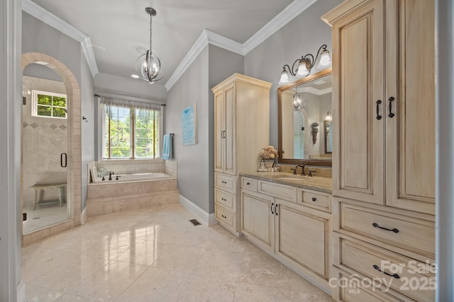 104 Golden Bell Ct, Mooresville, NC 28117 - bathroom with crown molding, a stall shower, a garden tub, vanity, and a chandelier