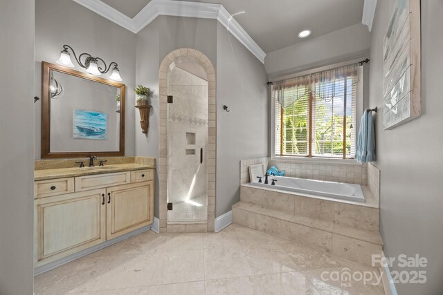 104 Golden Bell Ct, Mooresville, NC 28117 - bathroom featuring a shower stall, crown molding, a bath, vanity, and tile patterned flooring