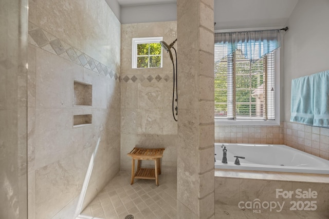 104 Golden Bell Ct, Mooresville, NC 28117 - full bathroom featuring a tile shower, a garden tub, tile walls, and tile patterned floors