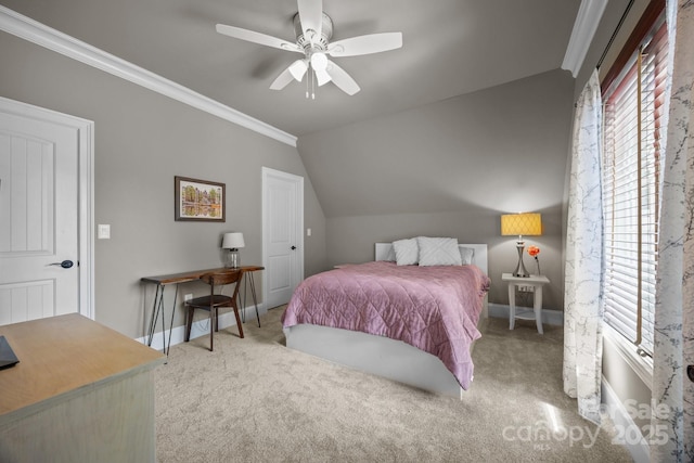 104 Golden Bell Ct, Mooresville, NC 28117 - carpeted bedroom with vaulted ceiling, crown molding, baseboards, a desk, and a ceiling fan