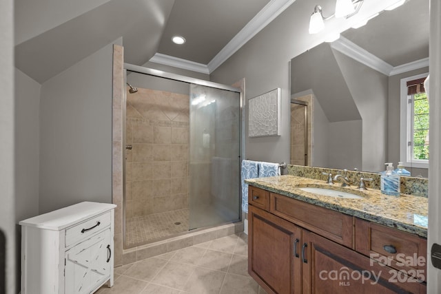 104 Golden Bell Ct, Mooresville, NC 28117 - full bath featuring a shower stall, crown molding, tile patterned flooring, vanity, and recessed lighting