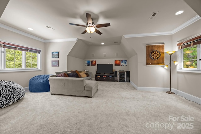 104 Golden Bell Ct, Mooresville, NC 28117 - carpeted living room with ornamental molding, baseboards, a ceiling fan, and recessed lighting