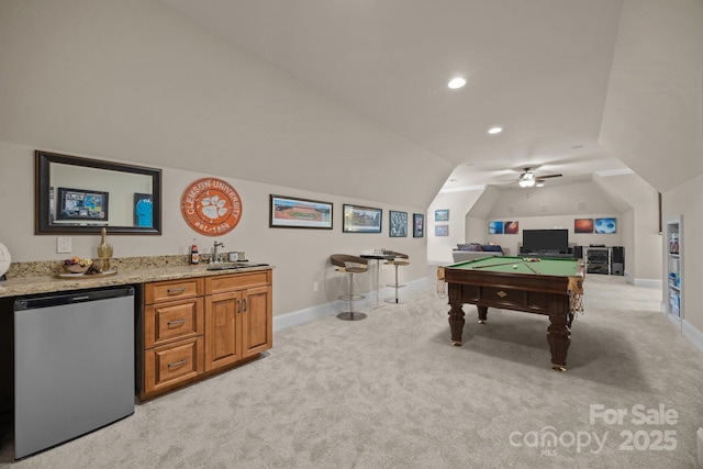 104 Golden Bell Ct, Mooresville, NC 28117 - recreation room with light colored carpet, vaulted ceiling, billiards, wet bar, and baseboards