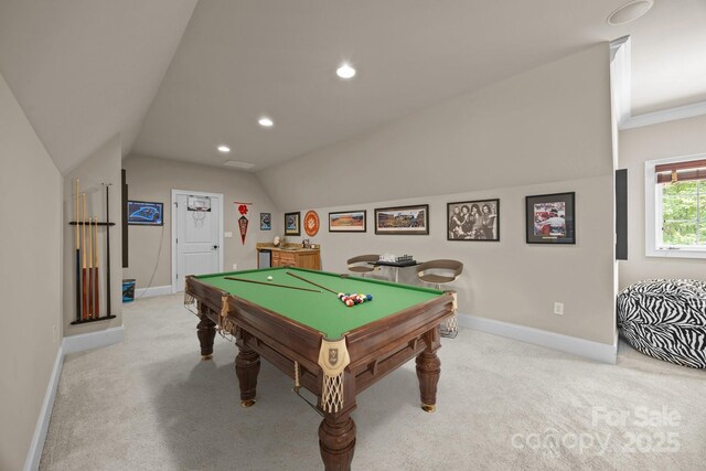 104 Golden Bell Ct, Mooresville, NC 28117 - rec room with lofted ceiling, light carpet, baseboards, recessed lighting, and billiards table