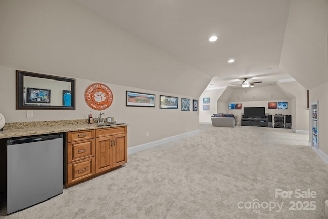 104 Golden Bell Ct, Mooresville, NC 28117 - interior space with light colored carpet, lofted ceiling, wet bar, baseboards, and recessed lighting