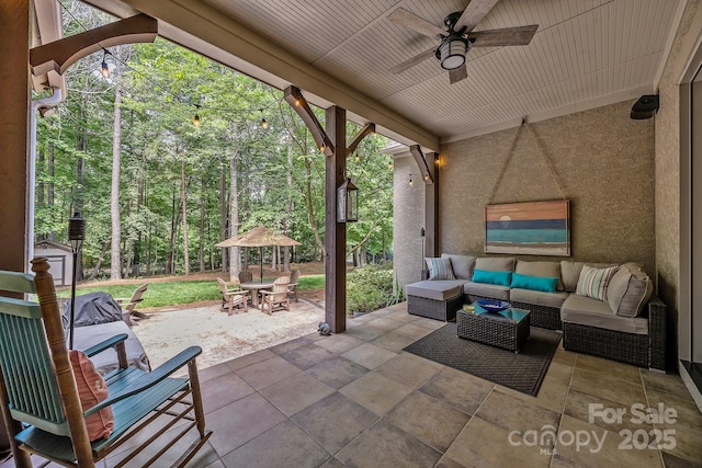 104 Golden Bell Ct, Mooresville, NC 28117 - view of patio / terrace featuring outdoor dining area, an outdoor living space, a ceiling fan, a storage shed, and an outdoor structure