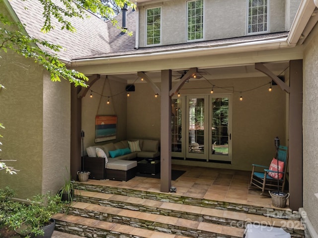 104 Golden Bell Ct, Mooresville, NC 28117 - view of patio / terrace featuring a ceiling fan, an outdoor living space, and french doors