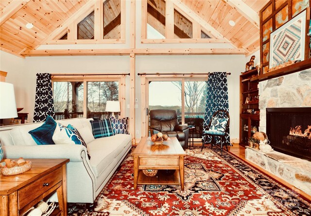 5688 Winding River Rd, Lenoir, NC 28645 - living area featuring high vaulted ceiling, wood ceiling with exposed beams, and a fireplace