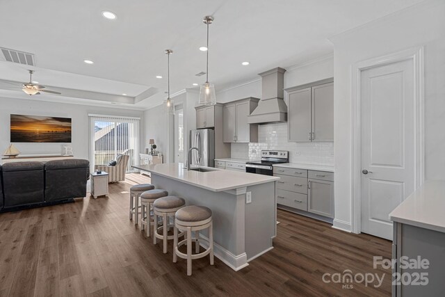 4532 Stellata Loop, Sherrills Ford, NC 28673 - kitchen featuring gray cabinetry, custom exhaust hood, appliances with stainless steel finishes, a sink, and recessed lighting