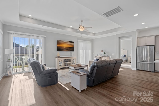 4532 Stellata Loop, Sherrills Ford, NC 28673 - living area featuring a raised ceiling, dark wood-style flooring, a ceiling fan, baseboards, and recessed lighting