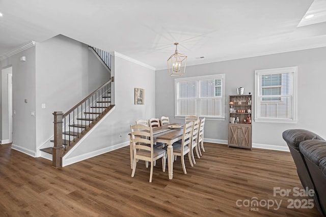 4532 Stellata Loop, Sherrills Ford, NC 28673 - dining space featuring crown molding, wood finished floors, stairs, a chandelier, and baseboards