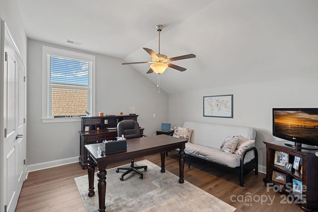 4532 Stellata Loop, Sherrills Ford, NC 28673 - office area featuring wood finished floors, a ceiling fan, vaulted ceiling, and baseboards