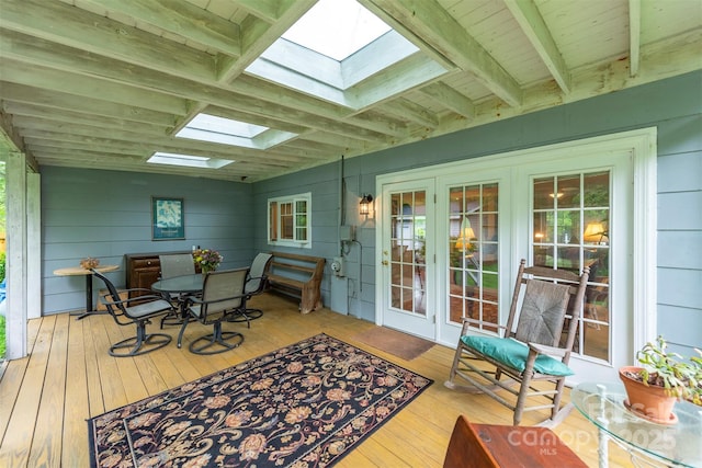 212 Vance Ave, Black Mountain, NC 28711 - sunroom with a skylight, french doors, outdoor dining space, and beamed ceiling